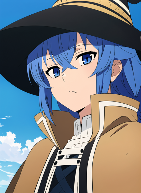 3978527597-1824392536-mushoku tensei style, roxy migurdia, 1girl, bangs, black headwear, blue background, blue eyes, blue hair, braid, brown cape, cap.png